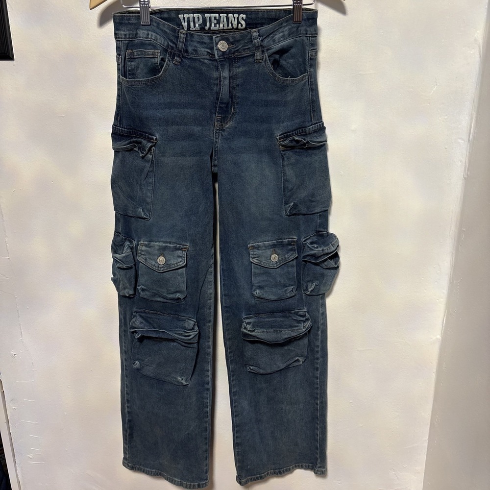VIP Jeans Cargo Straight Leg Blue Utility Pockets Grunge Women's Sz 7/28 NWT NEW